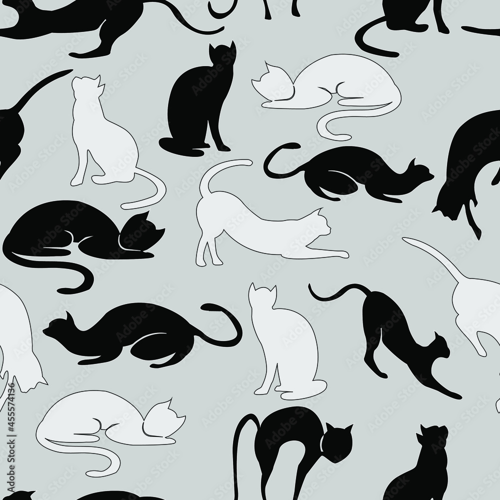 seamless texture in the form of images of cats in various poses and in black and white colors for prints on fabrics, clothes, packaging, ceramics, dishes, as well as for interior decoration, covers