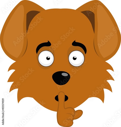 Vector illustration of emoticon of a cartoon dog's face, asking for silence with the index finger of the hand