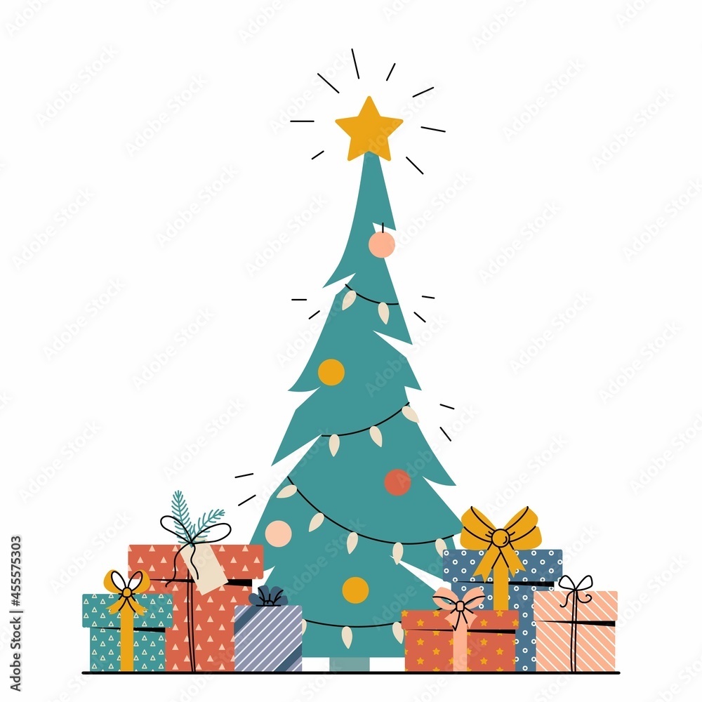 Christmas tree. Evergreen tree with decorations and gifts. Christmas and New Year celebration concept. Cartoon style, colorful drawing.