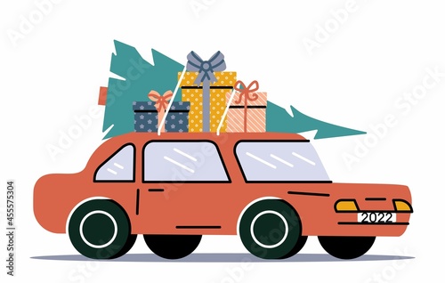 Retro car with Christmas tree and baggage, holiday gifts. Vector illustration of vintage car with Xmas boxes. Isolated on white background.