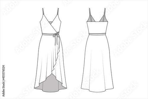 Flat sketch warp ruffle dress on shoulder straps for women photo