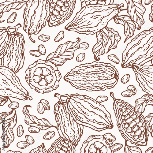 Cocoa Beans and Leaves Vector Seamless Pattern. Cacao Pods. Fruits Floral Background.
