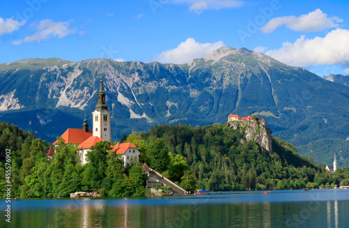 Bled Island with the church and Bled Castle, Julian Alps, Slovenia