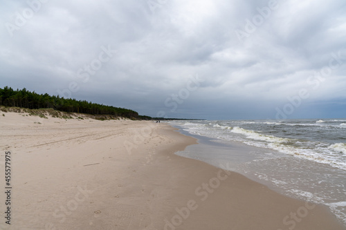 pristine empty sand beaches with forest and sand dunes on the shore