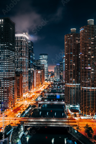 Cityscape view of Chicago Riverwalk from Londonhouse at night