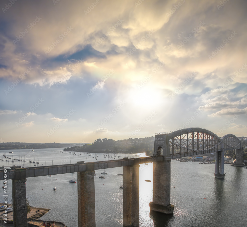 Royal Albert train Bridge designed by Isambard Kingdom Brunel against sunset in Plymouth, Devon, England, UK