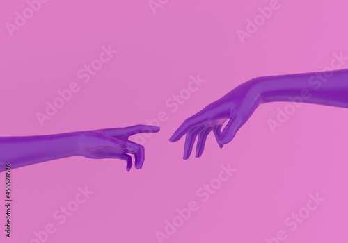Modern 3d illustration with two hands about to touch each other, reminiscent of the scene of Adam's creation.