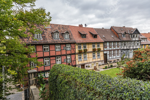 Quedlinburg, Germany. Old half-timbered buildings with colorful facades in the medieval historic center (UNESCO)
