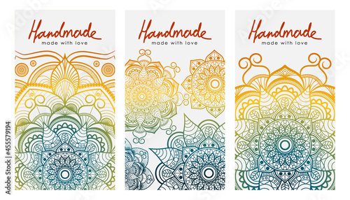Set of vector cards with the inscription handmade. Retro entic ornament. Colored rainbow mandala. photo