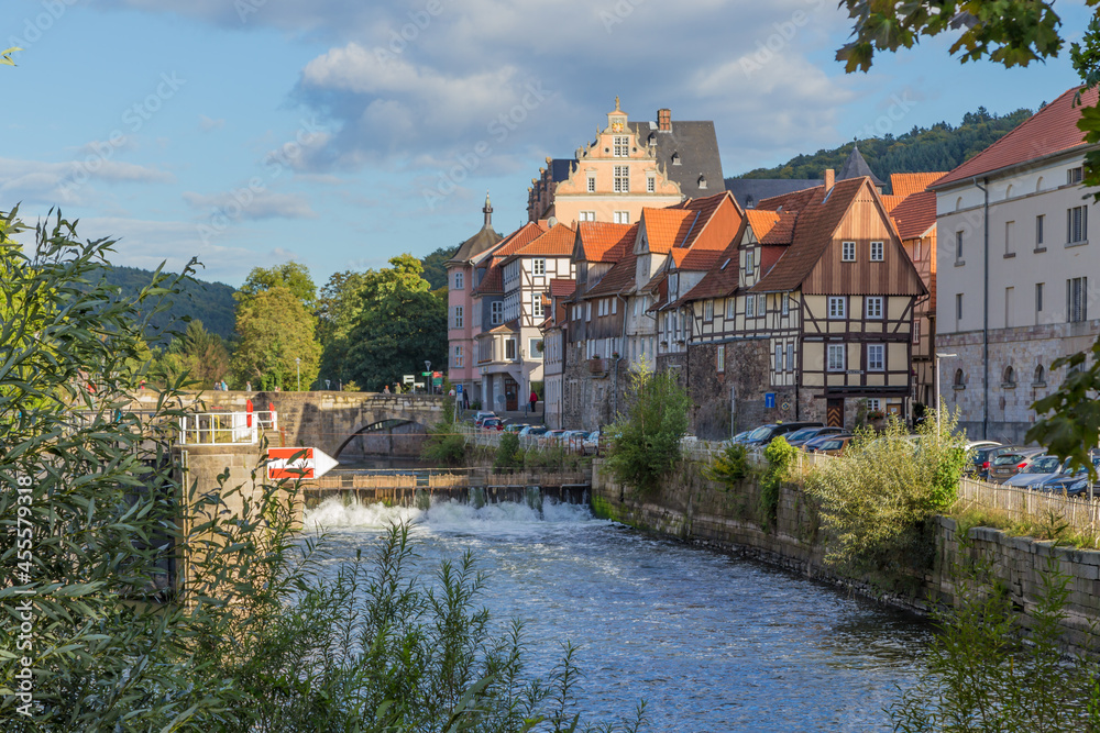 Fototapeta premium Hannoversch Münden, Germany. City landscape with half-timbered houses on the river bank