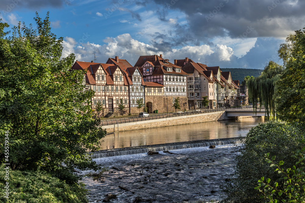 Hannoversch Münden, Germany. Beautiful half-timbered houses on the river bank
