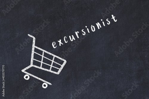 Chalk drawing of shopping cart and word excursionist on black chalboard. Concept of globalization and mass consuming