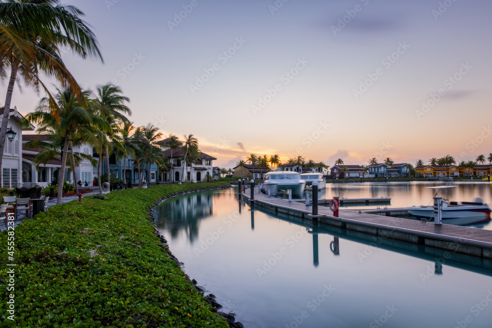 South Male atoll, group of islands Crossroads Maldives: marina in local island port at sunrise. Territory of resort. July 2021 South Male atoll, group of islands Crossroads Maldives: marina in local island port at sunrise. Territory of resort. July 2021