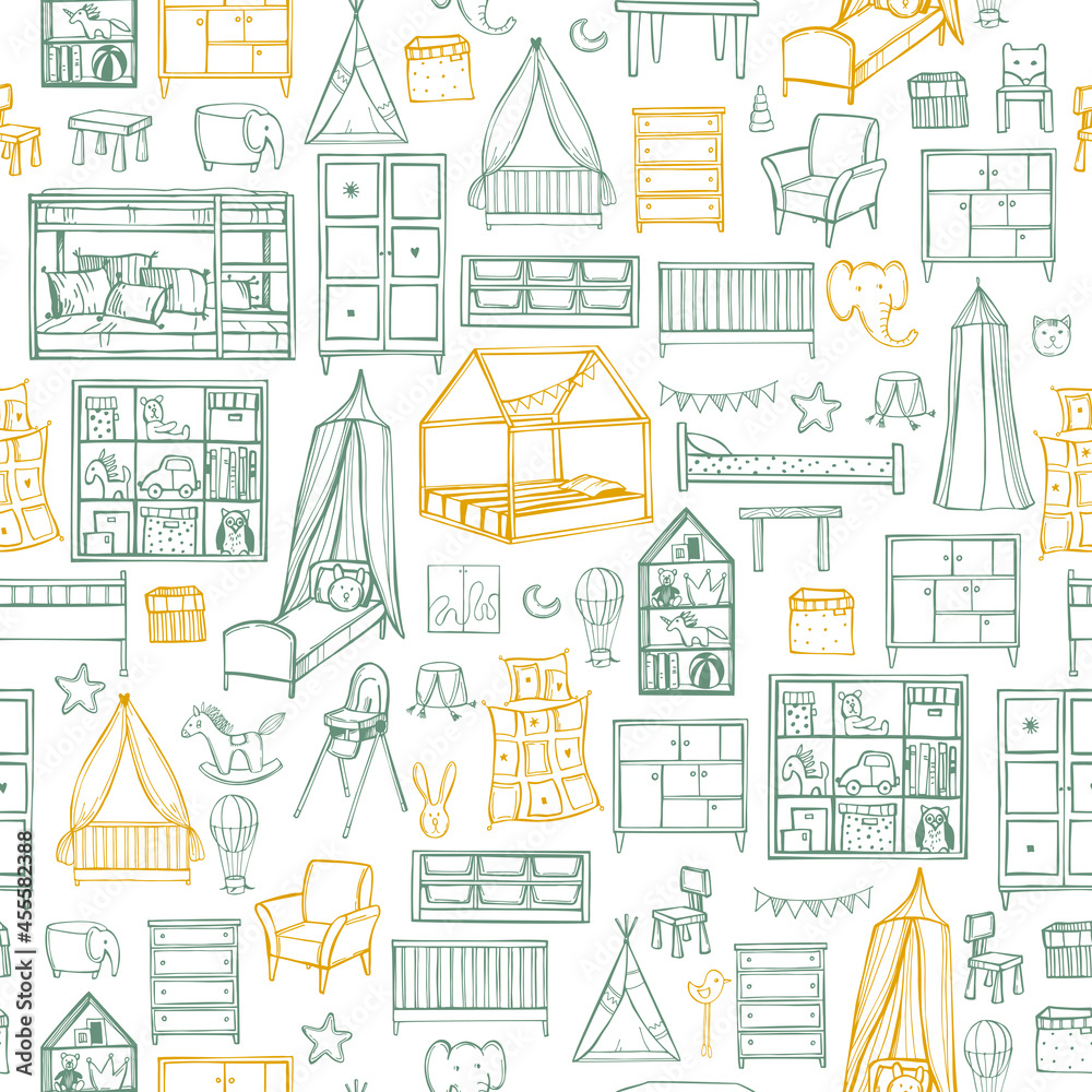 Child's room furniture. Vector pattern .