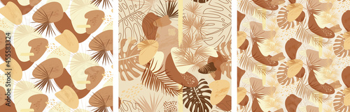 Set of abstract seamless patterns in natural beige shades with dry palm branches and monstera leaves in boho style in vector for textiles and surface design