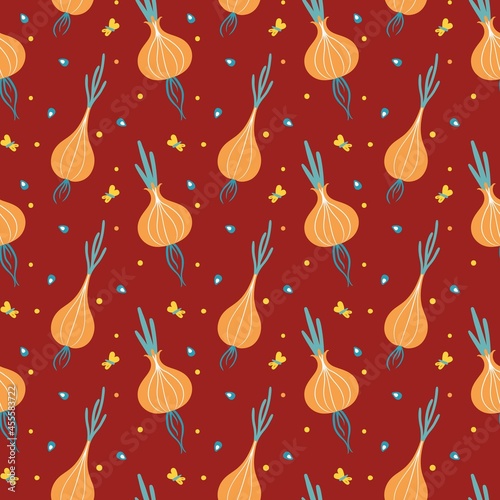 seamless vegetable pattern with bulbs on dark red background