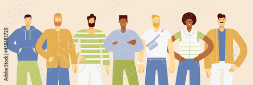 Portraits of diverse male characters standing together. Group of young men of different nationality in casual outfit. Modern and funny team. Vector illustration, flat design. 