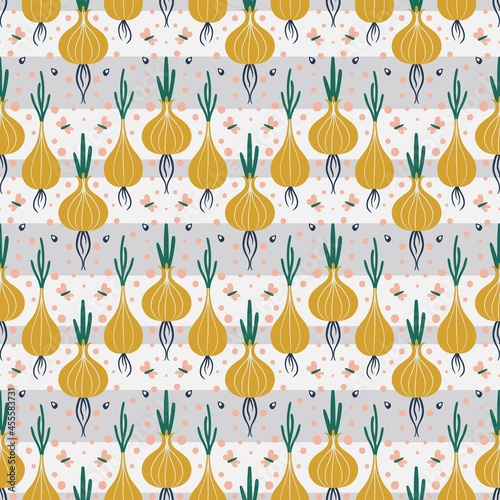 striped seamless vegetable pattern with yellow bulbs and small moths