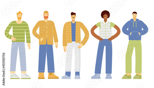 Set of full length modern male characters. Young men with different hairstyles, skin colors and ethnicities. Vector illustration, flat design. Isolated on white background 