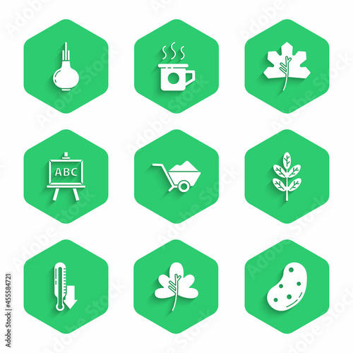 Set Wheelbarrow with dirt, Leaf or leaves, Potato, Meteorology thermometer, Chalkboard, and Onion icon. Vector