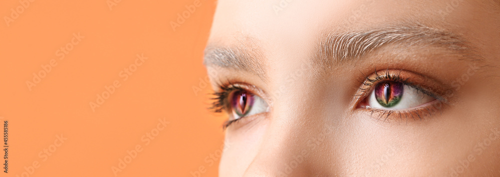 Fototapeta premium Young woman wearing creative contact lenses for Halloween party, closeup
