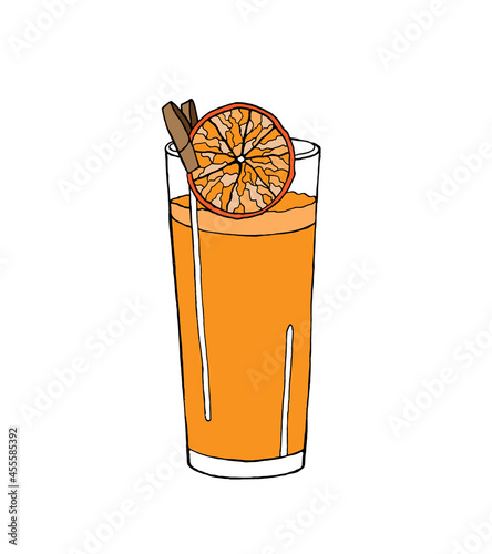 A tall glass with juice and a slice of orange. Vector illustration of a freshly squeezed citrus drink in the style of a doodle.