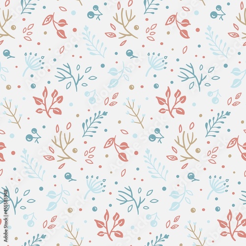 delicate seamless pattern with hand-drawn twigs, leaves and berries on white