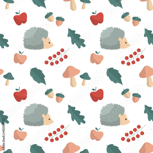 Autumn seamless pattern. Leaf fall. Texture of pumpkins, oak leaves, acorns and viburnum berries for fabrics, paper, textile, gift wrap.
