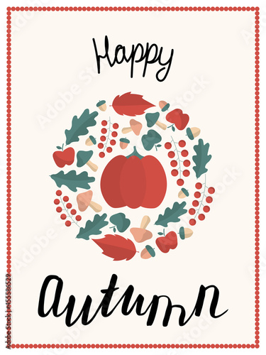 Autumn vector card with pumpkin on white background for cute postcard, logo, for the design of a children`s room, for invitations, greeting cards. Hello Autumn.