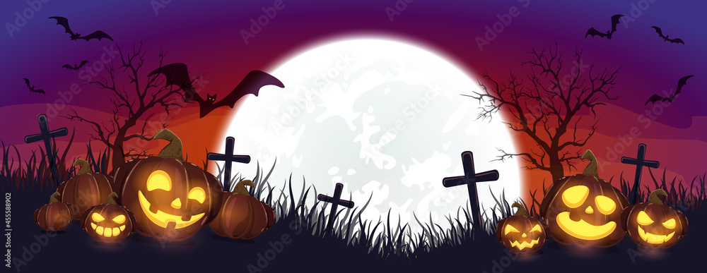 Purple Halloween Background with Bat and Pumpkins