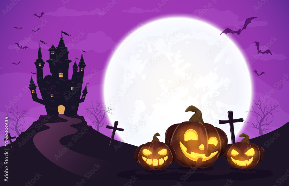 Smiling Pumpkins and Dark Scary Castle on Purple Halloween Background