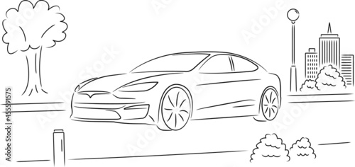 Simple vector drawing of a luxury ecological car in the city