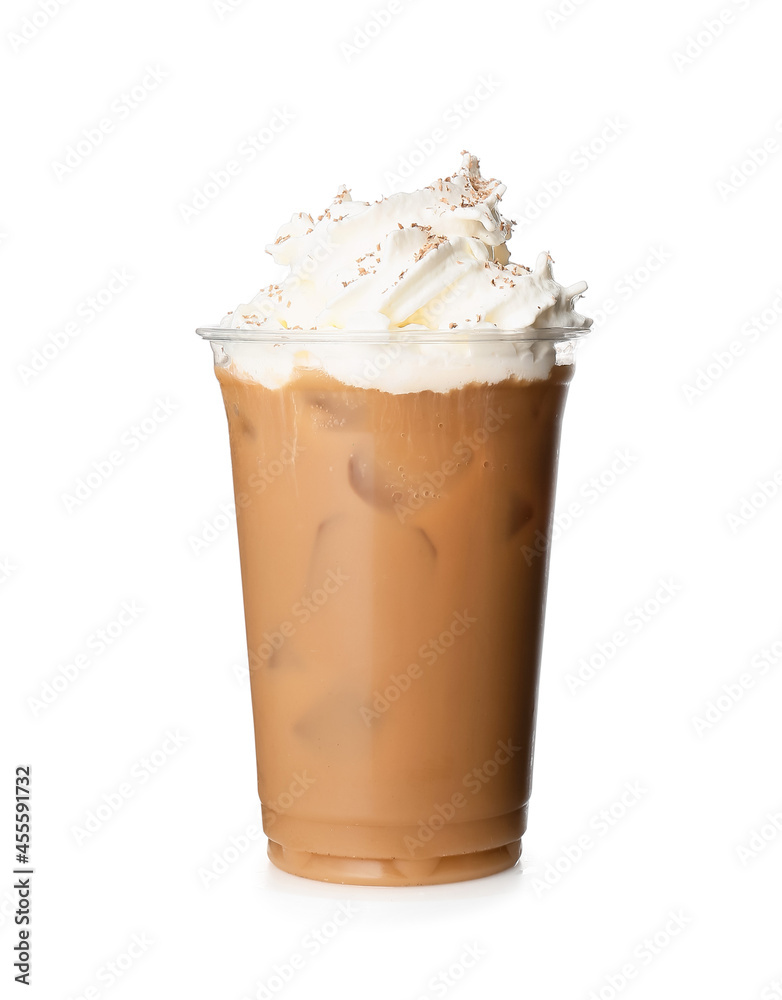 Glass of iced coffee with milk and whipped cream on white background Glass of iced coffee with milk and whipped cream on white background