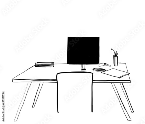 Sketch ink work table, vector. Bookshelf