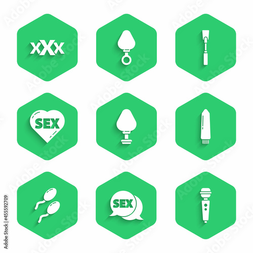 Set Anal plug, Speech bubble with Sex, Dildo vibrator, Sperm, Heart text, Leather whip and shop icon. Vector