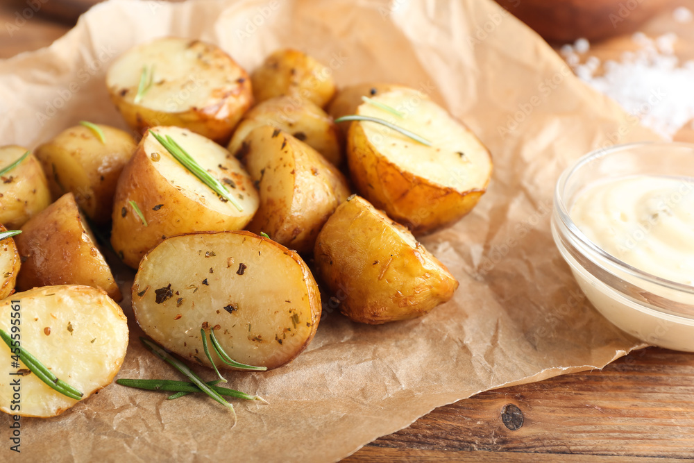 Parchment with baked potatoes and rosemary on wooden background