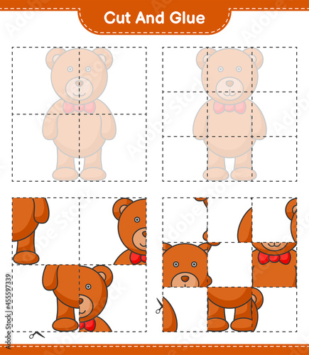 Cut and glue, cut parts of Teddy Bear and glue them. Educational children game, printable worksheet, vector illustration