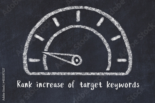 Chalk sketch of speedometer with low value and iscription Rank increase of target keywords. Concept of low KPI photo