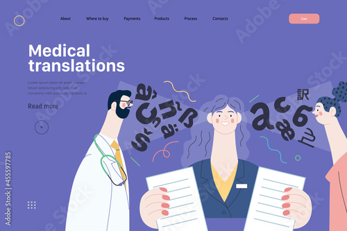 Medical translations - medical insurance web template. Modern flat vector