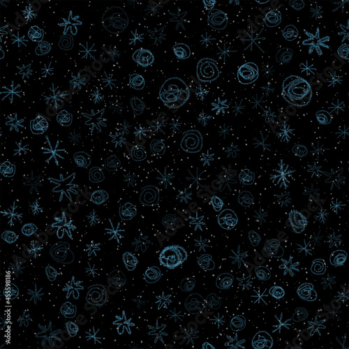 Hand Drawn Snowflakes Christmas Seamless Pattern. Subtle Flying Snow Flakes on chalk snowflakes Background. Awesome chalk handdrawn snow overlay. Decent holiday season decoration.