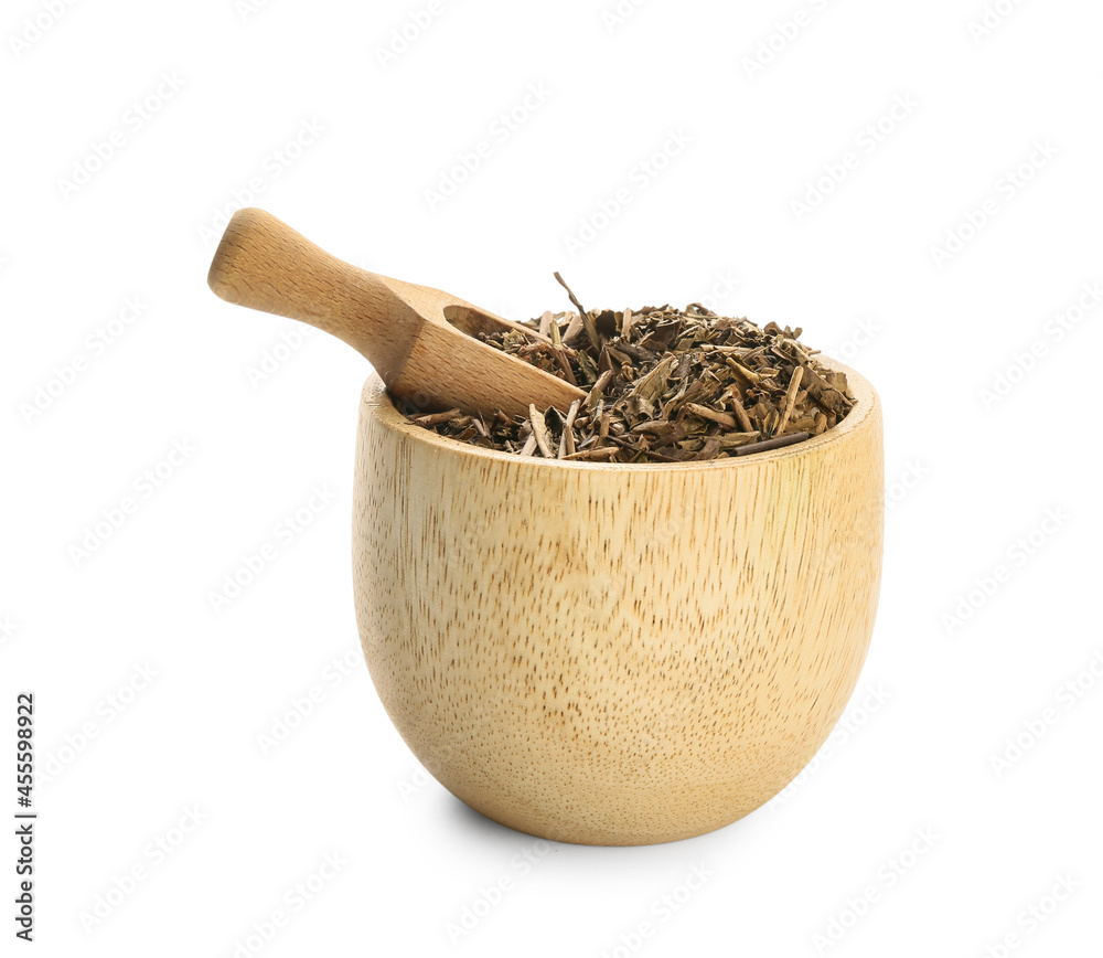 Bowl of dry hojicha green tea on white background Bowl of dry hojicha green tea on white background