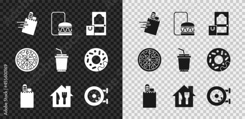 Set Online ordering and delivery, Donut, Pizza and Paper glass with water icon. Vector