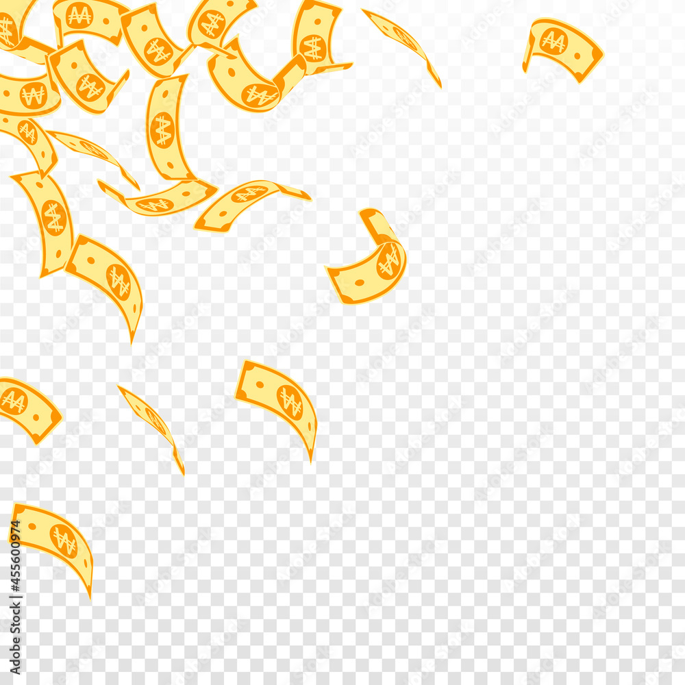 Obraz premium Korean won notes falling. Floating WON bills on tr