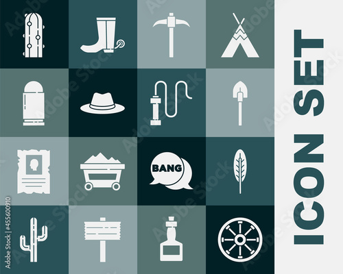Set Old wooden wheel, Indian feather, Shovel, Pickaxe, Western cowboy hat, Bullet, Cactus and Leather whip icon. Vector
