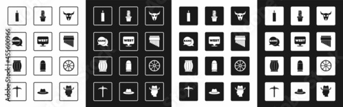 Set Buffalo skull, Pointer to wild west, Bang boom, gun Comic, Dynamite bomb, Pan flute, Cactus peyote pot, Old wooden wheel and Gun powder barrel icon. Vector