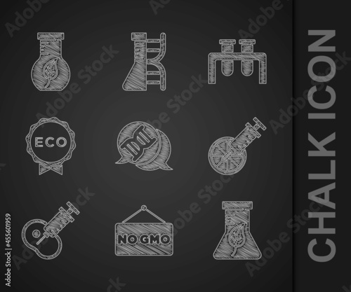 Set DNA symbol, No GMO, Test tube and flask, Genetically modified orange, meat, Label for eco healthy food, and icon. Vector