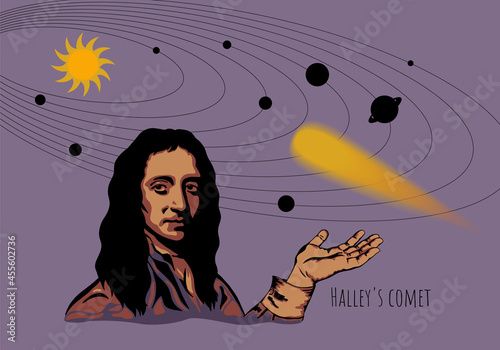 Abstract vector portrait of an English astronomer, physicist, mathematician and meteorologist.  Face of a scientist, hand on a purple background. Anniversary of Edmond Halley. Solar system and comet.