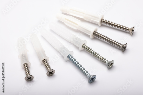 Plastic anchor bolts on white background , Equipment for construction