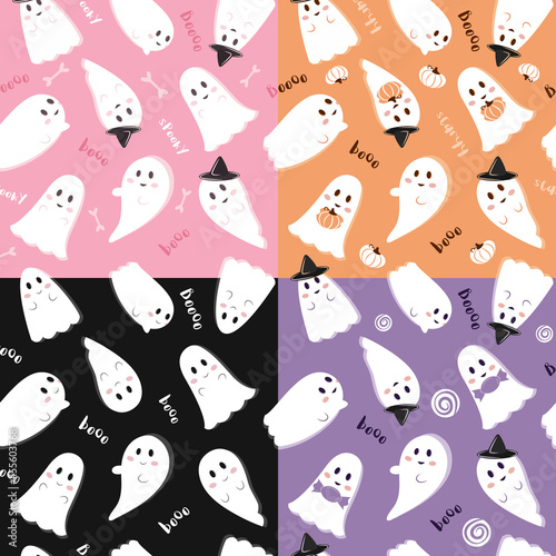 Fototapeta Naklejka Na Ścianę i Meble -  set of cute spooky ghost patterns on colorful backgrounds