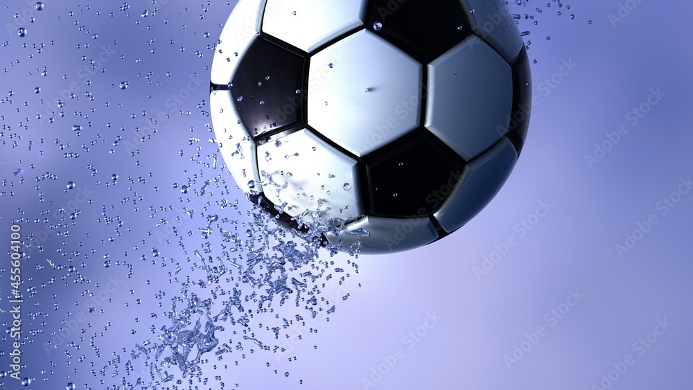 Naklejka premium Soccer Ball with Diamond Water Particles under Blue Sky Lighting Background. 3D illustration. 3D high quality rendering. 3D CG.